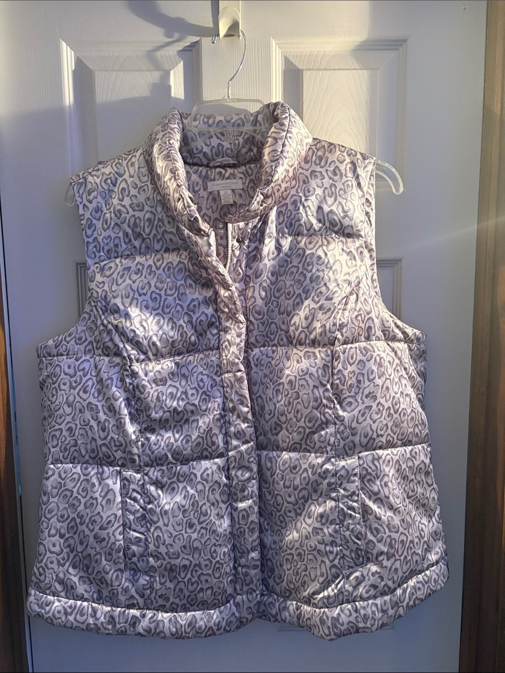 Women’s 2X Puffer Vest with Subtle Leopard Print -  Grays and silvers